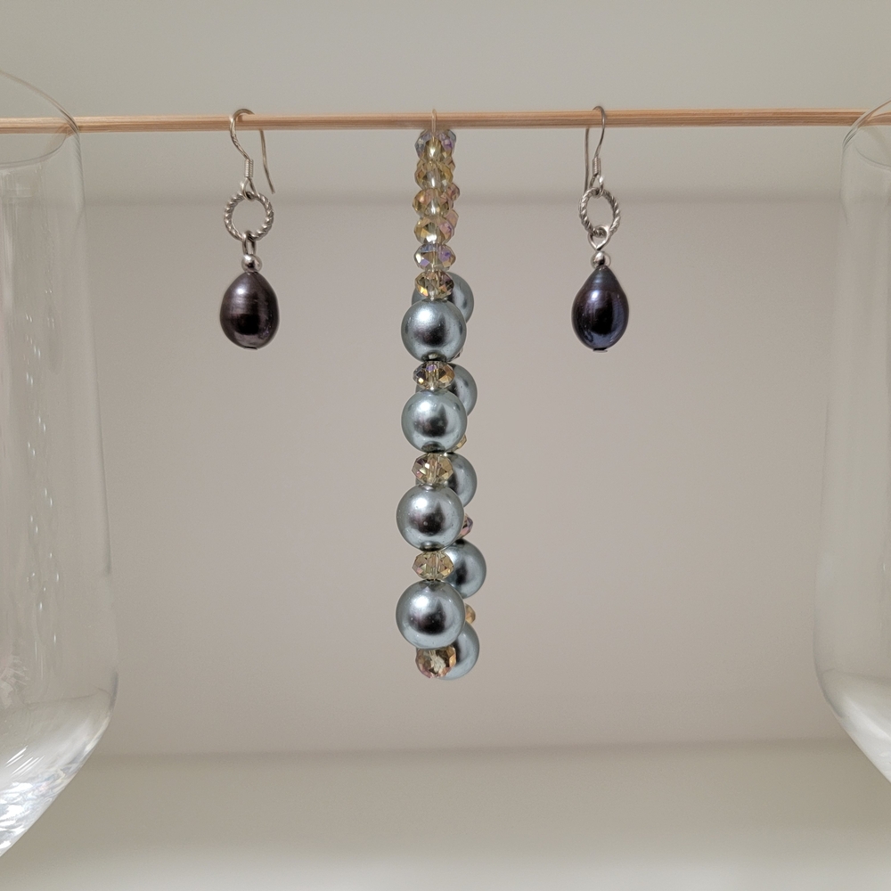 Elegant Vintage Sterling Silver Earrings Black Pearls Gray Pearl Beaded Bracelet